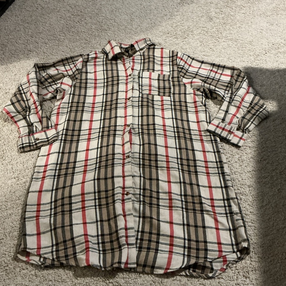 Spoon Jeans Cozy Plaid Button Front Tunic Dress Sz L Cottagecore Preppy Rustic